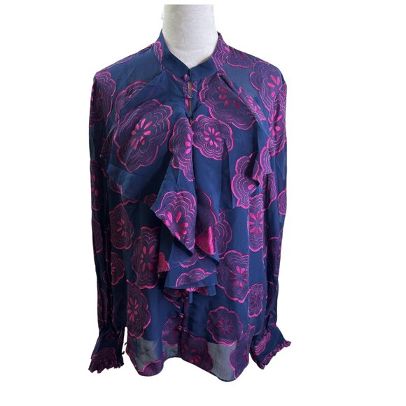 Trina Turk Women's St Marks Silk Blend Button-Up Blouse Size XL Blue/PInk NWT - Picture 5 of 16